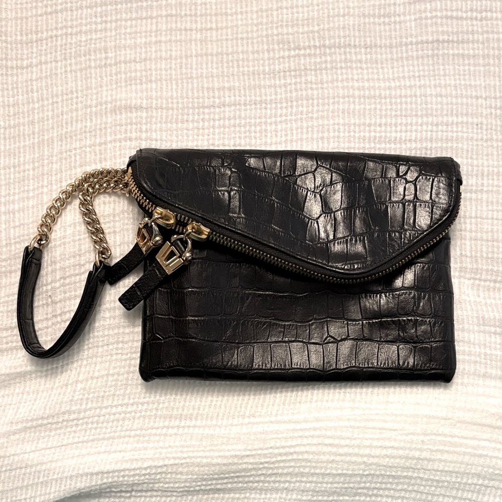 Henri Bendel Black Croc-Embossed Wristlet with Gold Accents